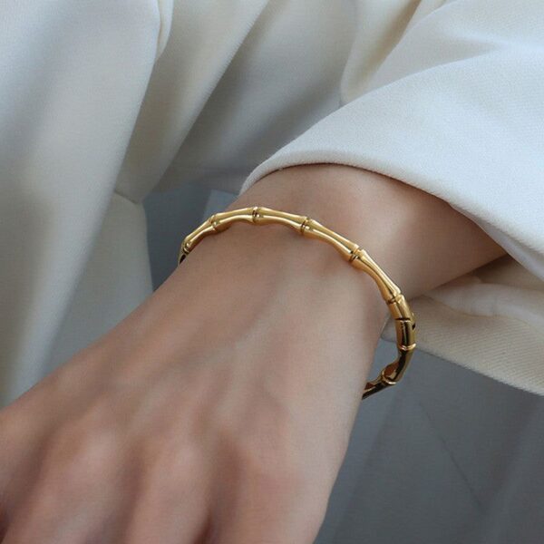 18K Gold Plated Bamboo Joint Cuff Bangle | Anti-Tarnish Minimalist Bracelet - Image 3