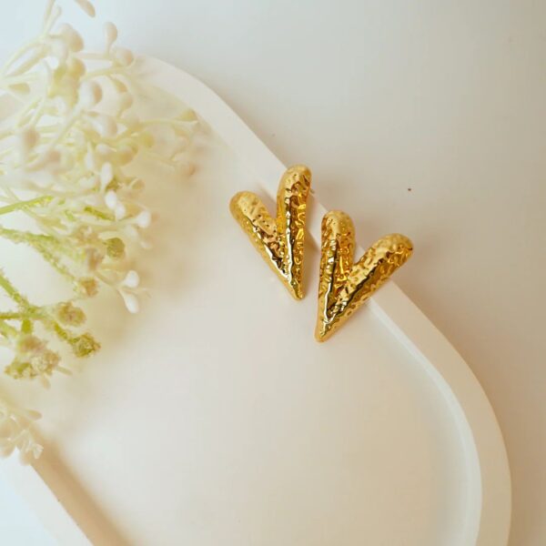 Gold Plated Textured V-Shape Stud Earrings - Image 2