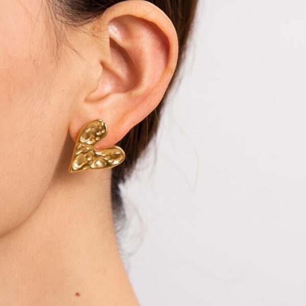 Gold Plated Textured Heart Stud Earrings - Image 2