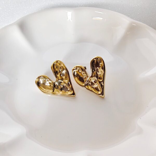 Gold Plated Textured Heart Stud Earrings - Image 3