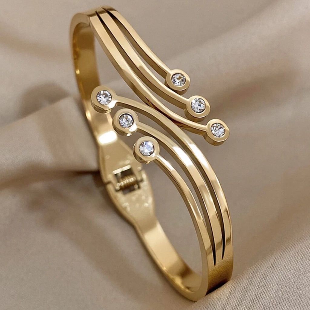 18K Gold Plated Flowing Lines Crystal Bangle - Image 2