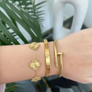 Golden Bracelet Stack – Set of 3 (Floral, Nail & Screw Design)