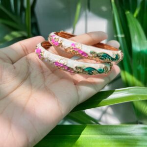 Elegant White Enamel Floral Bangles with Multicolor Detailing