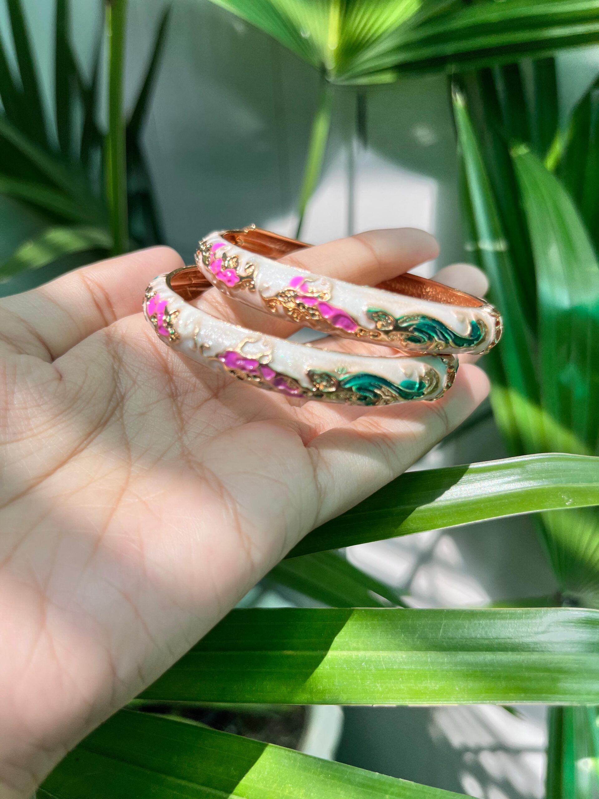 Elegant White Enamel Floral Bangles with Multicolor Detailing