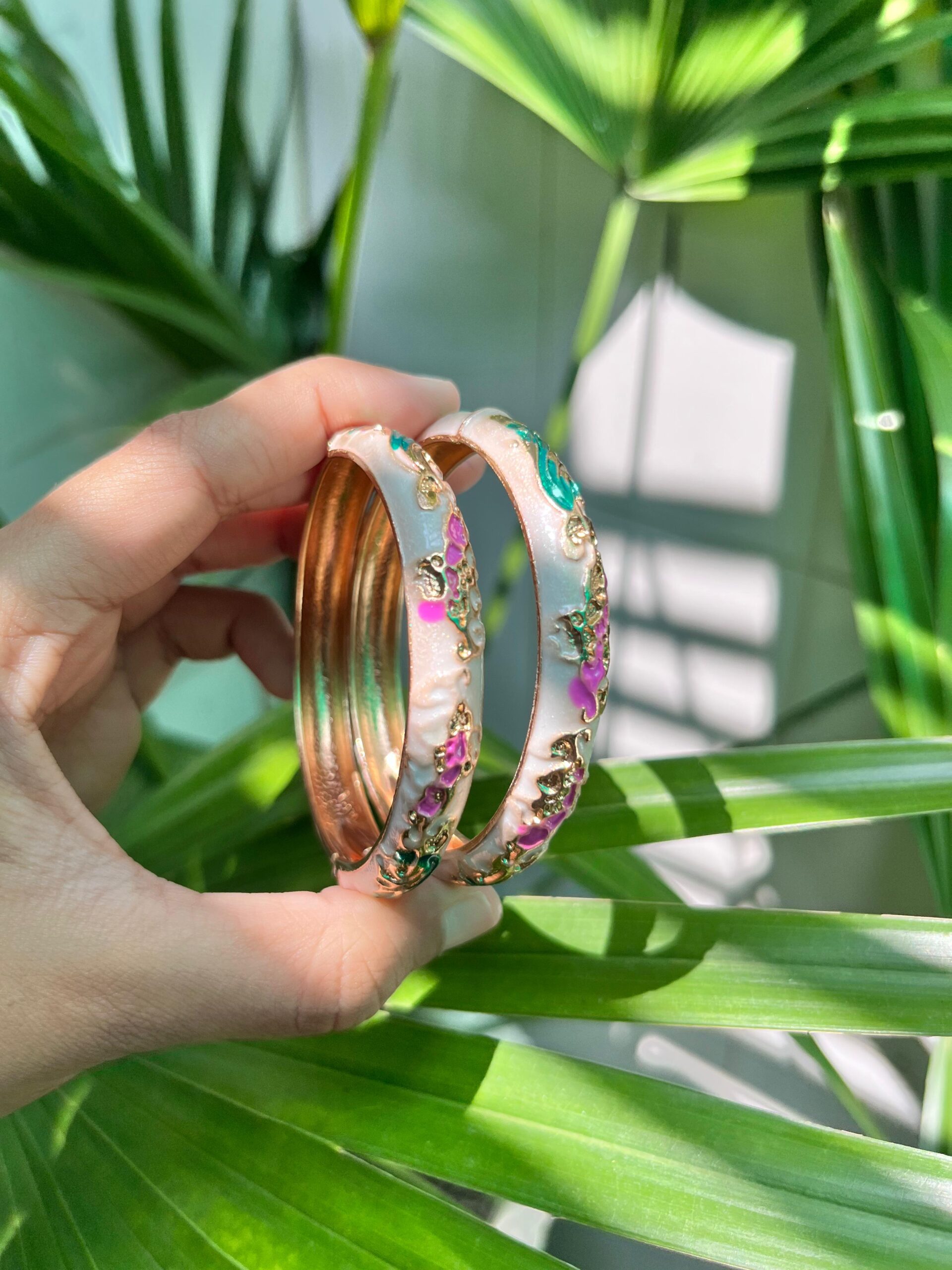 Elegant White Enamel Floral Bangles with Multicolor Detailing - Image 2