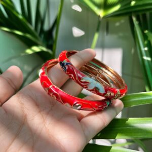 Elegant Red Enamel Floral Bangles