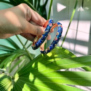 Royal Blue Enamel Floral Bangles with Golden Accents