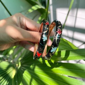 Elegant Black Enamel Butterfly Bangles with Golden Accents