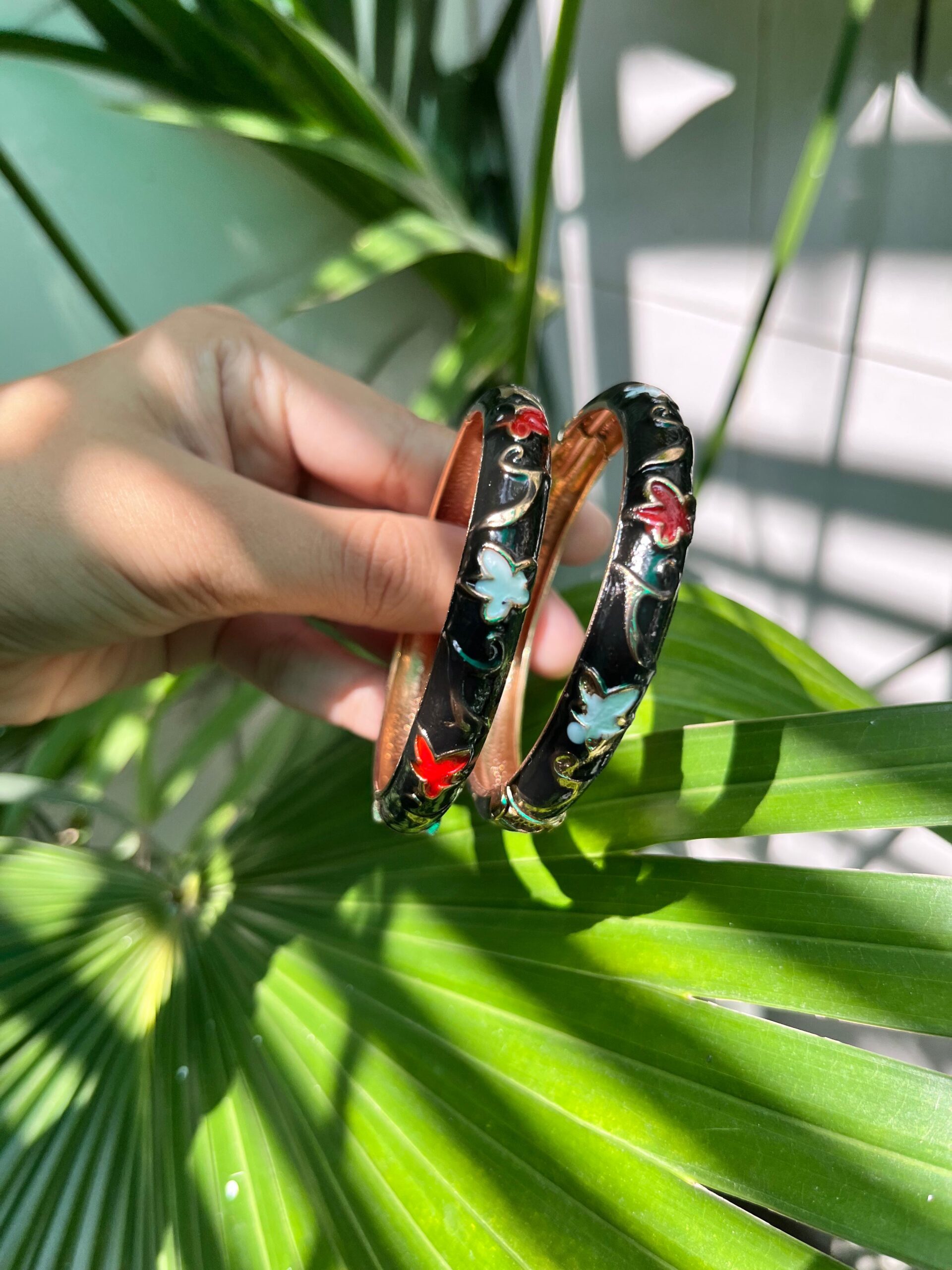 Elegant Black Enamel Butterfly Bangles with Golden Accents