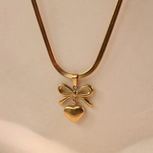 Golden Bow Heart Pendant Necklace