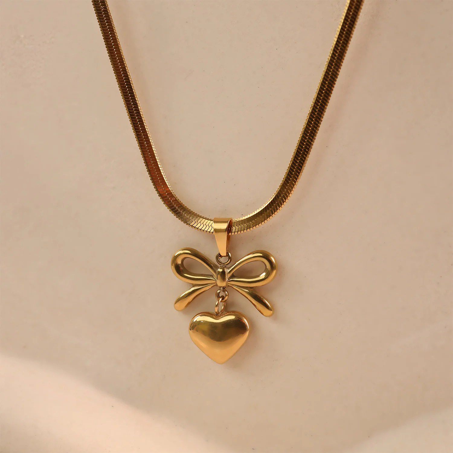 Golden Bow Heart Pendant Necklace