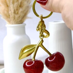 Luxury Cherry Charm Keychain – Red Crystal Double Cherry with Golden Leaf