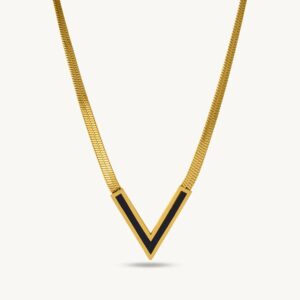 Gold and Black Enamel V-Necklace