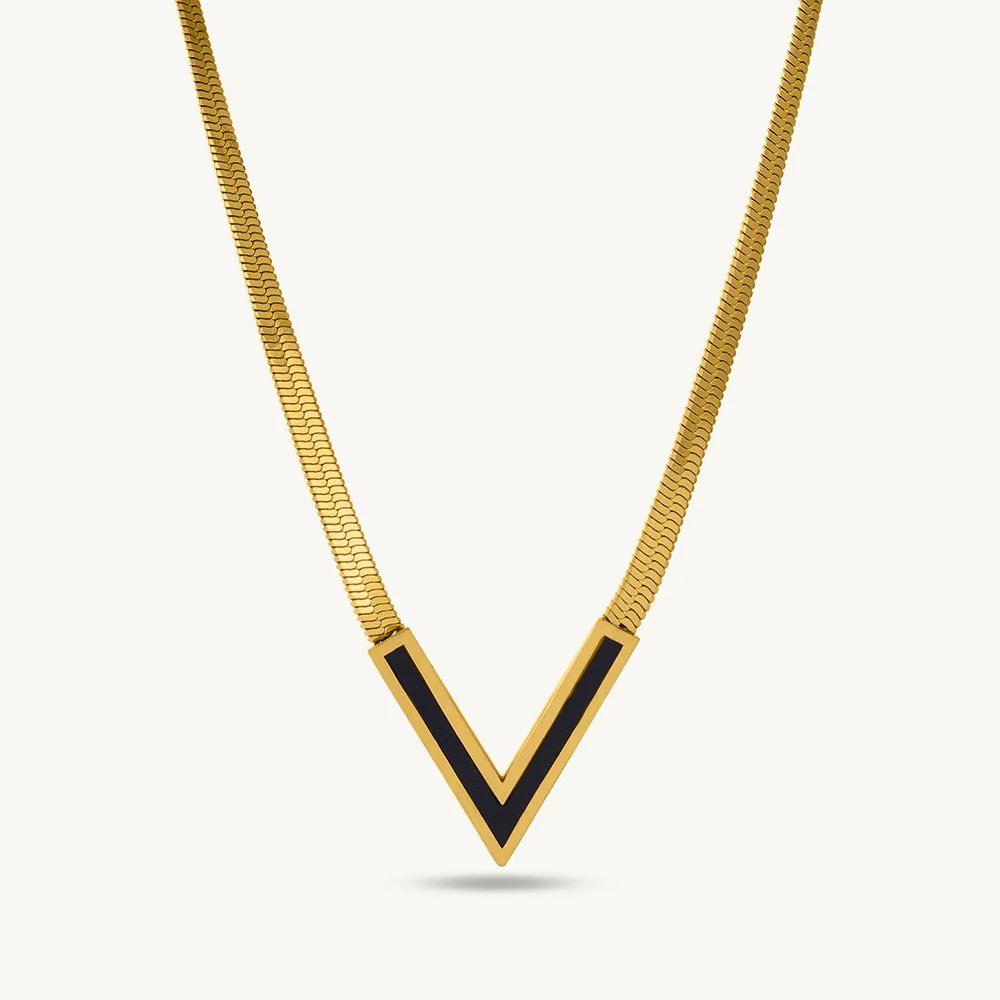 Gold and Black Enamel V-Necklace