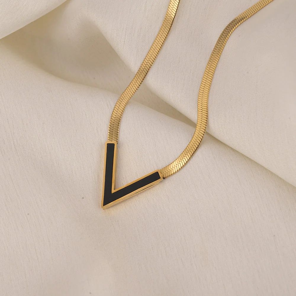 Gold and Black Enamel V-Necklace - Image 2