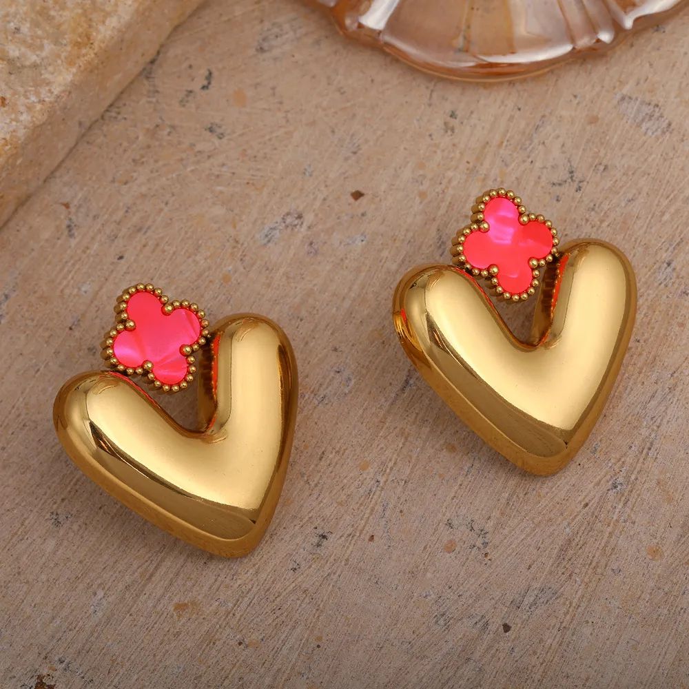 18K Gold-Plated Puffy Heart Studs with Enamel Clover Charm