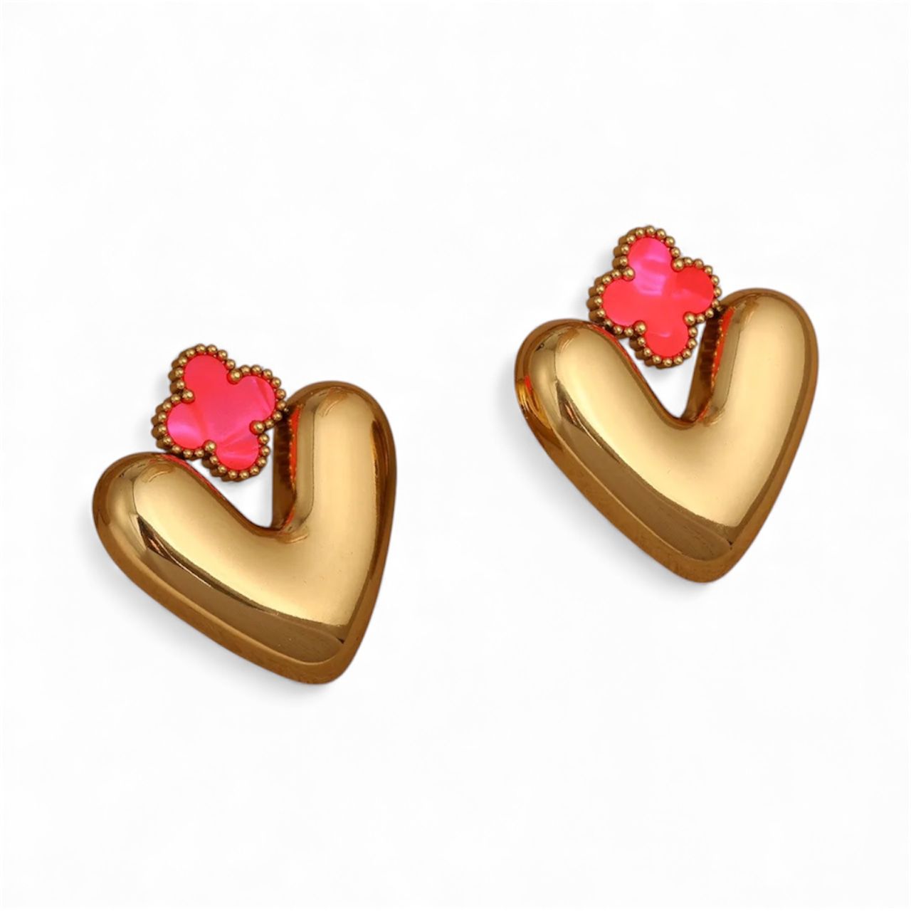 18K Gold-Plated Puffy Heart Studs with Enamel Clover Charm - Image 2