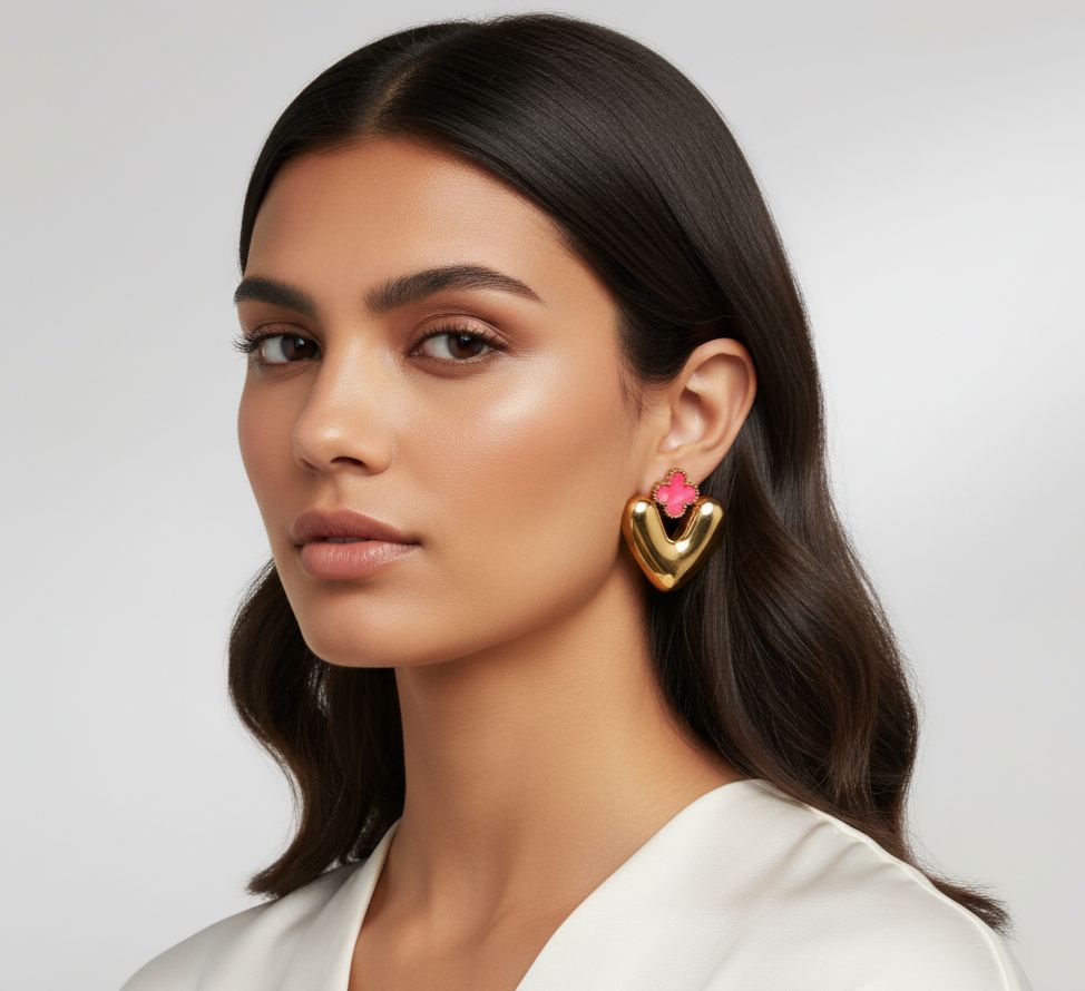 18K Gold-Plated Puffy Heart Studs with Enamel Clover Charm - Image 3