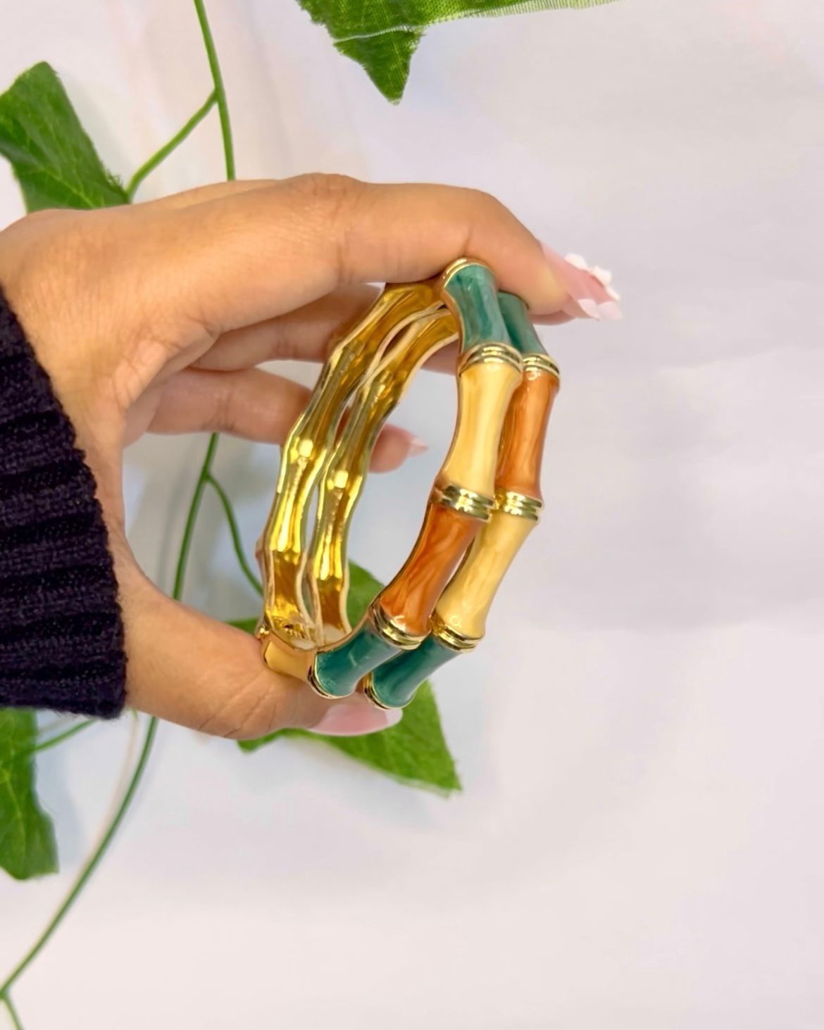 Classic Enamel Bamboo Bangles – Green & Orange