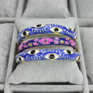 Royal Blue Evil Eye & Pink Floral Cloisonné Enamel Bangle Combo – Set of 3