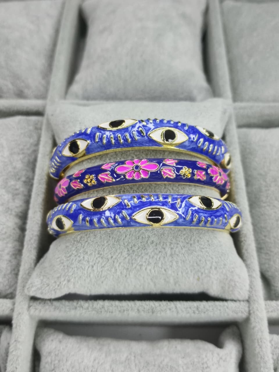 Royal Blue Evil Eye & Pink Floral Cloisonné Enamel Bangle Combo – Set of 3
