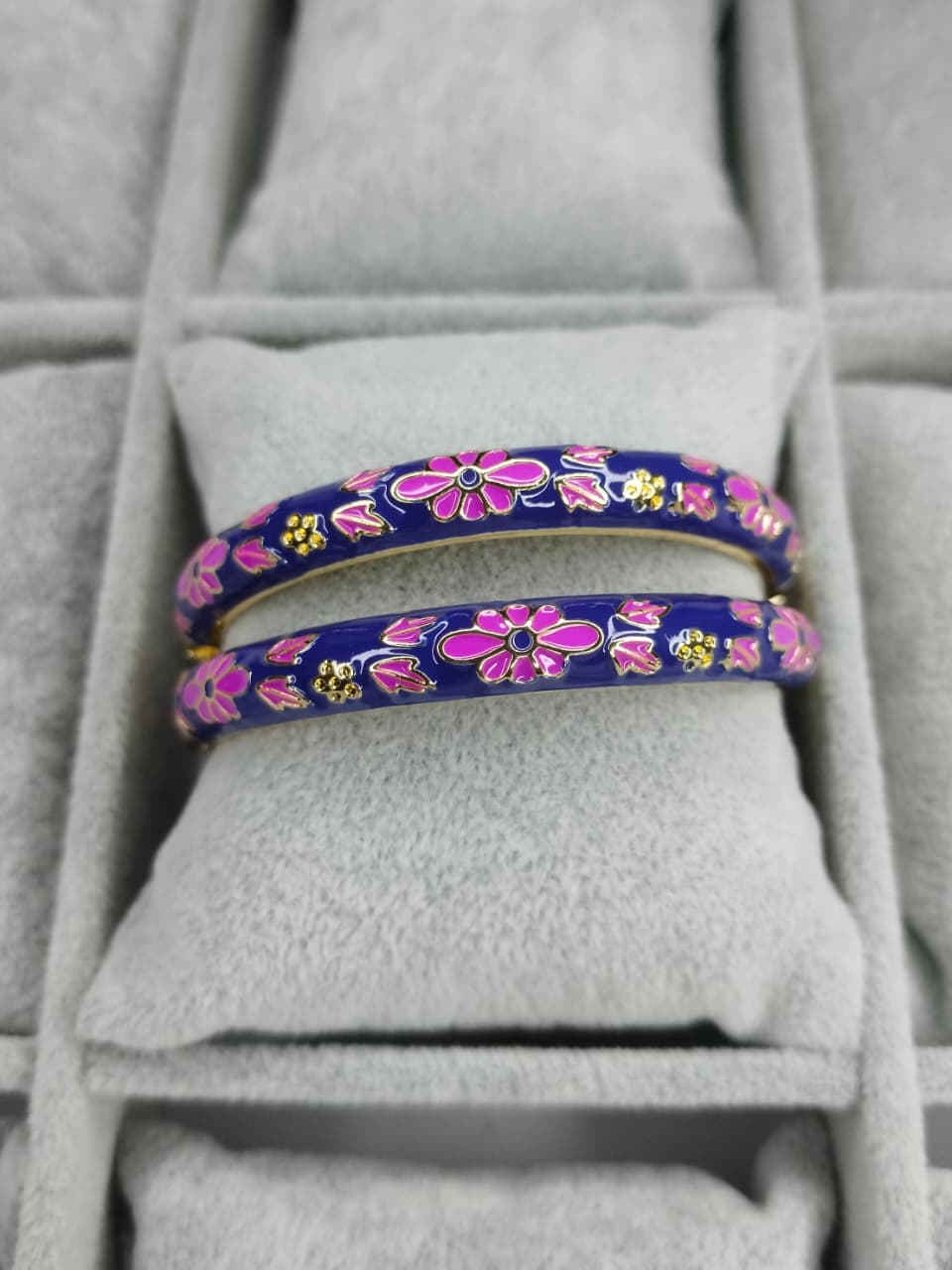 Royal Blue & Pink Floral Cloisonné Enamel Gold-Plated Bangle