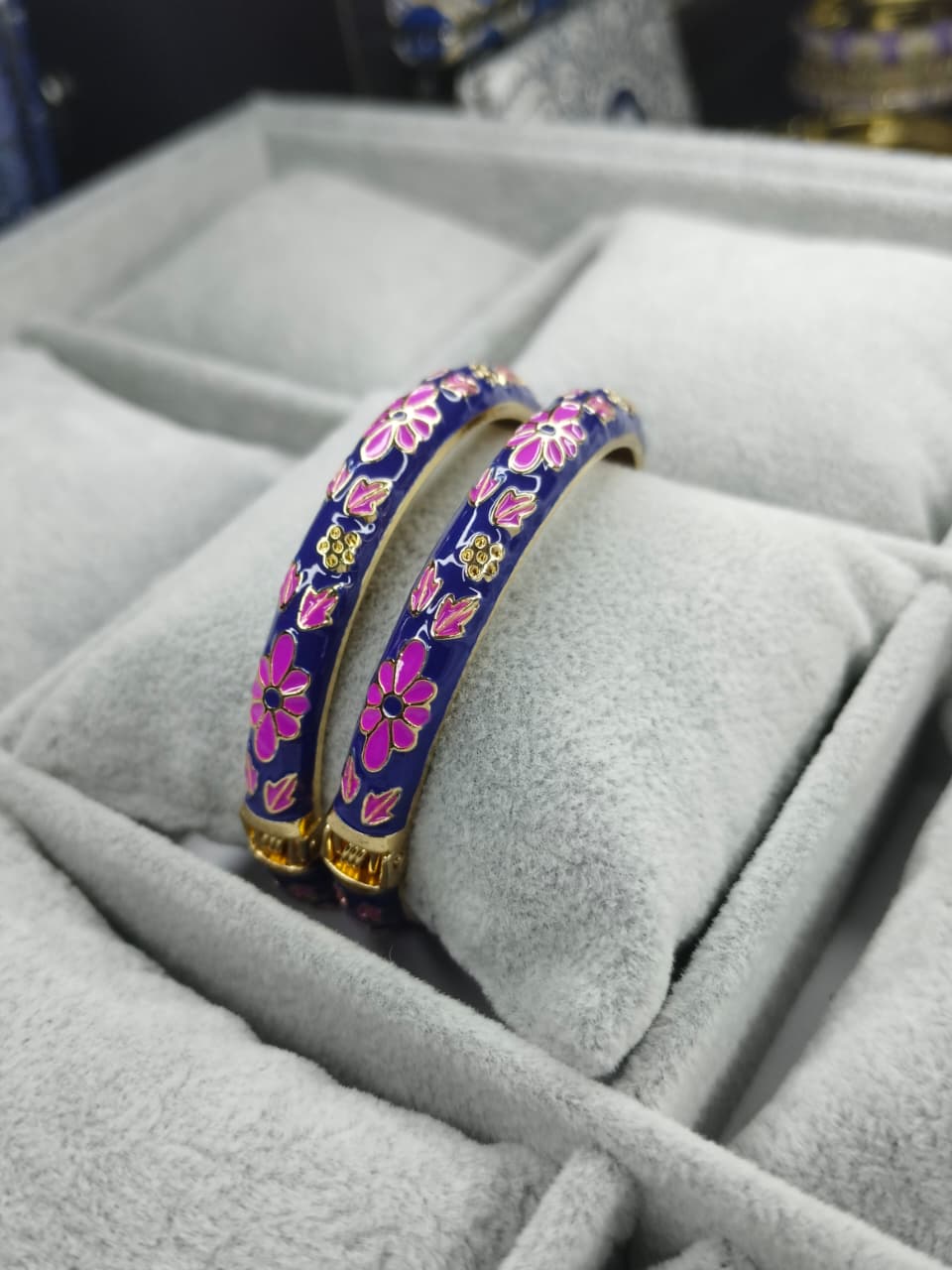 Royal Blue & Pink Floral Cloisonné Enamel Gold-Plated Bangle - Image 2
