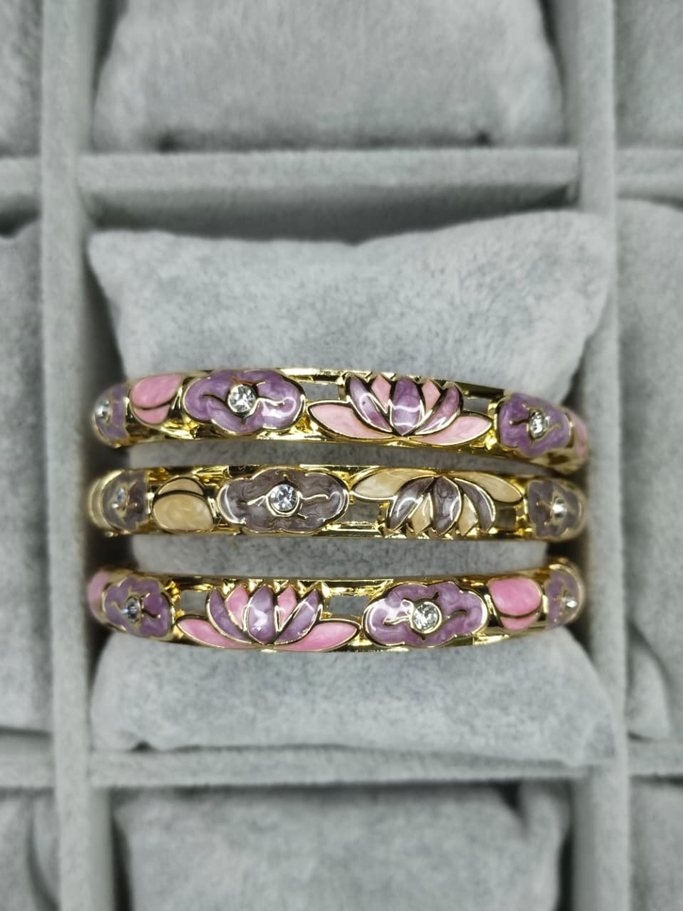 Purple & Pink Floral Enamel Gold-Plated Bangle Set - Image 2