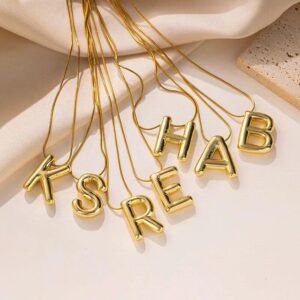 Stainless Steel Gold Color Chunky Alphabet Balloon Bubble Initial Letter Pendant Necklace