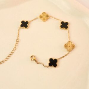 Anti-Tarnish 18K Gold Plated Black Clover Bracelet for Women