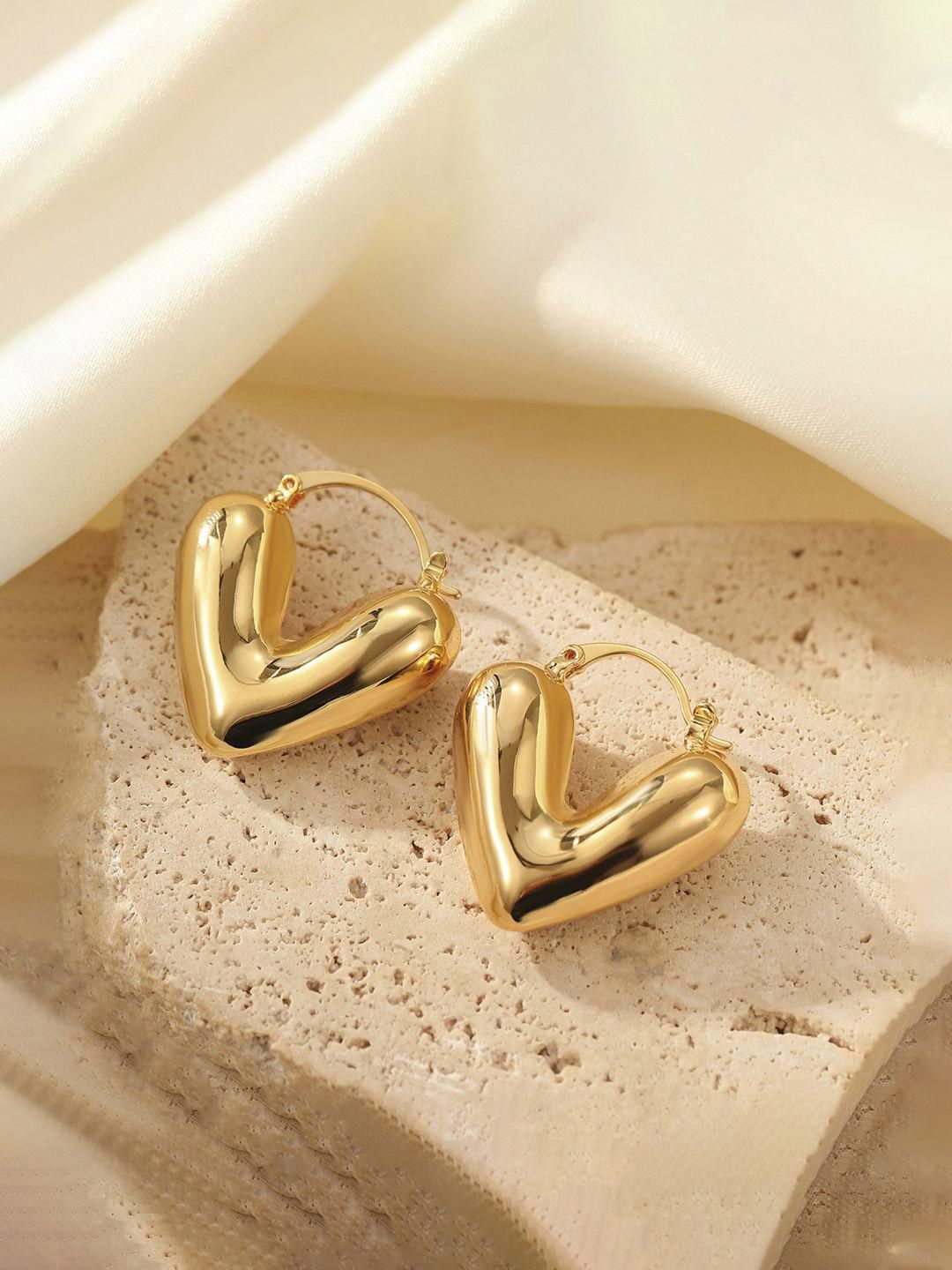 Anti-Tarnish 18K Gold Plated Puffy Heart Hoop Earrings - Image 2