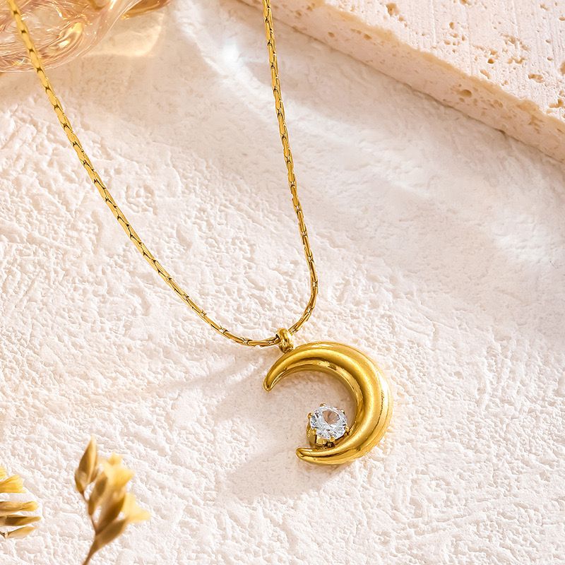 Crescent Moon Crystal Pendant Necklace – Gold Plated