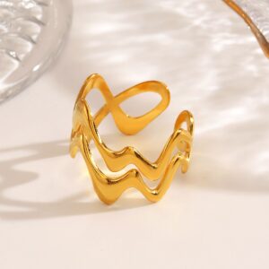 Anti-Tarnish 18K Gold Plated Wavy Cuff Adjustable Ring