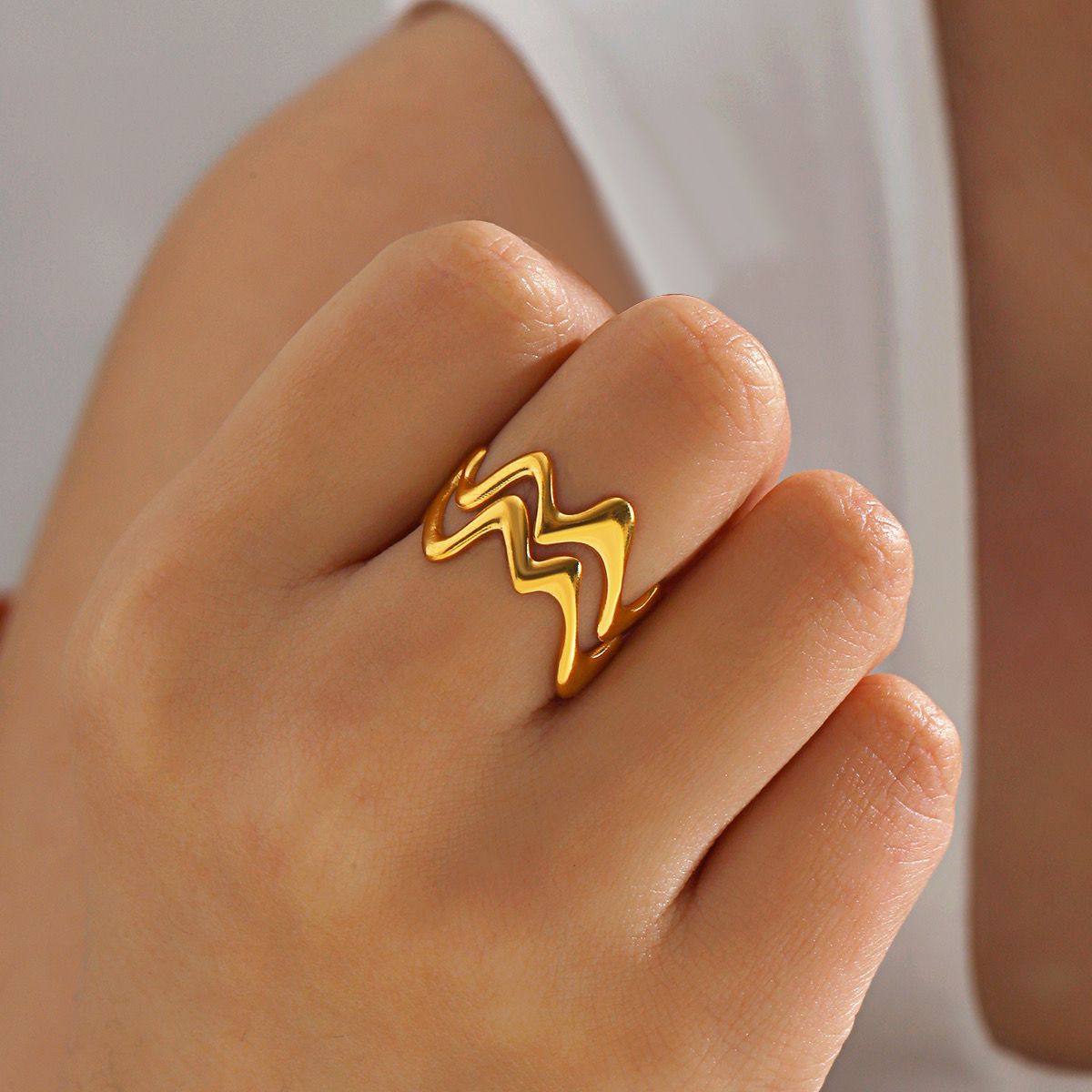 Anti-Tarnish 18K Gold Plated Wavy Cuff Adjustable Ring - Image 3