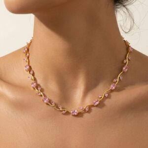 Pink Tulip Necklace – Gold Plated Floral Vine Necklace with Pink Crystals