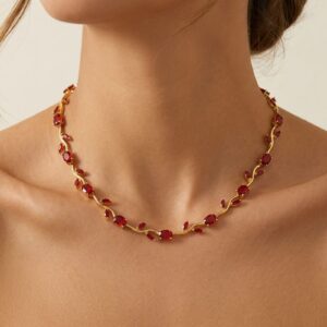 Red Tulip Necklace – Gold Plated Floral Vine Necklace with Red Crystals