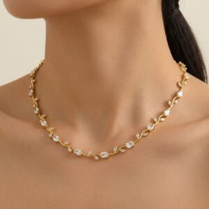 White Tulip Necklace – Gold Plated Floral Vine Necklace with White Crystals