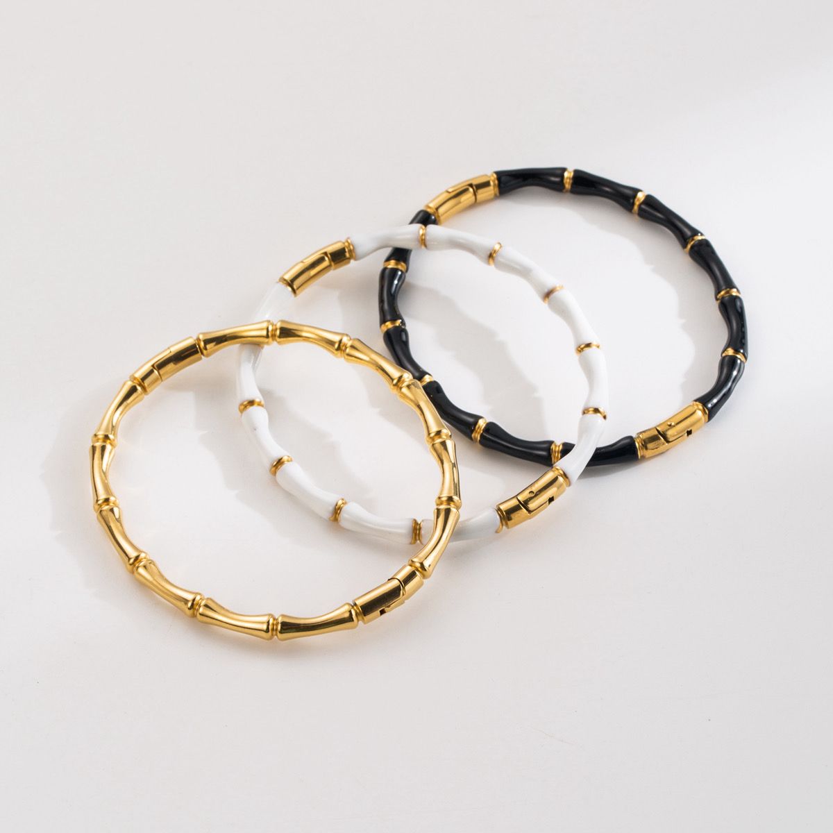 Black Bamboo Style Bracelet for Women – Gold Plated Stretch Bracelet - Image 2